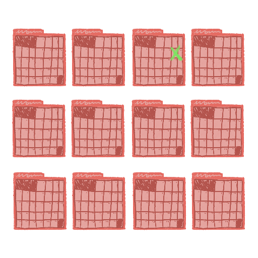 a grid of 4 by 3 stylized red calendars with a green cross on one day